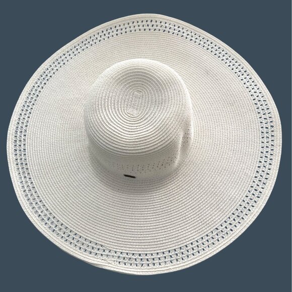 Nine West Soft White Wide-Brim Straw Floppy Summer Sun Travel Beach Pool Hat - Picture 2 of 13